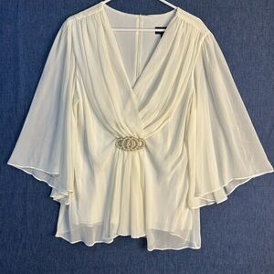 connected apparel Cream V-Neck Draped Blouse with Beaded Accent